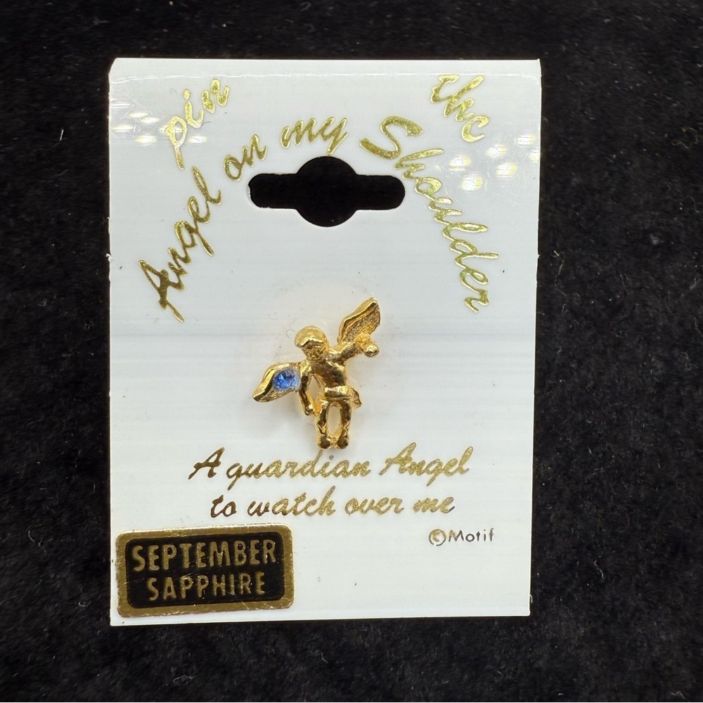 Vintage Angel on My Shoulder Pin – September Sapphire Birthstone Guardian Angel